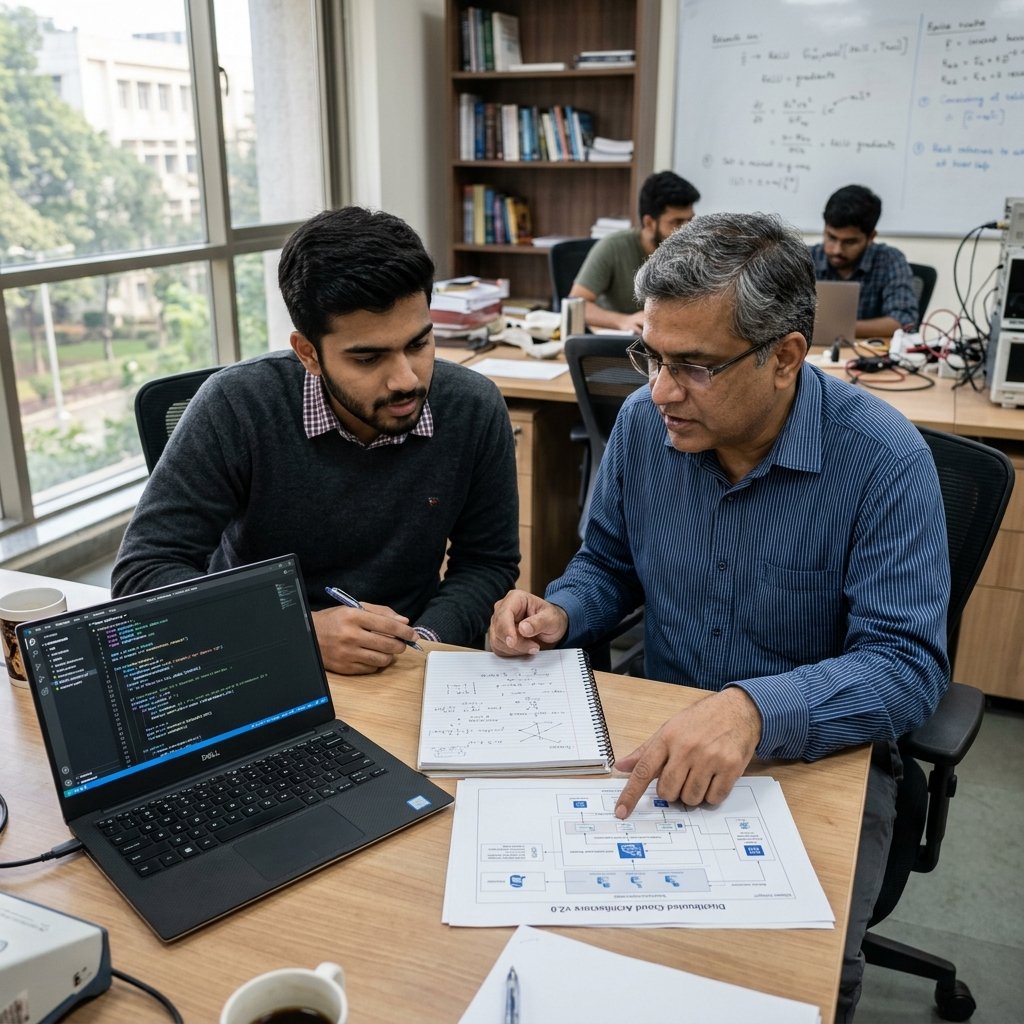 An M.Tech scholar and an experienced research mentor reviewing a technical project together