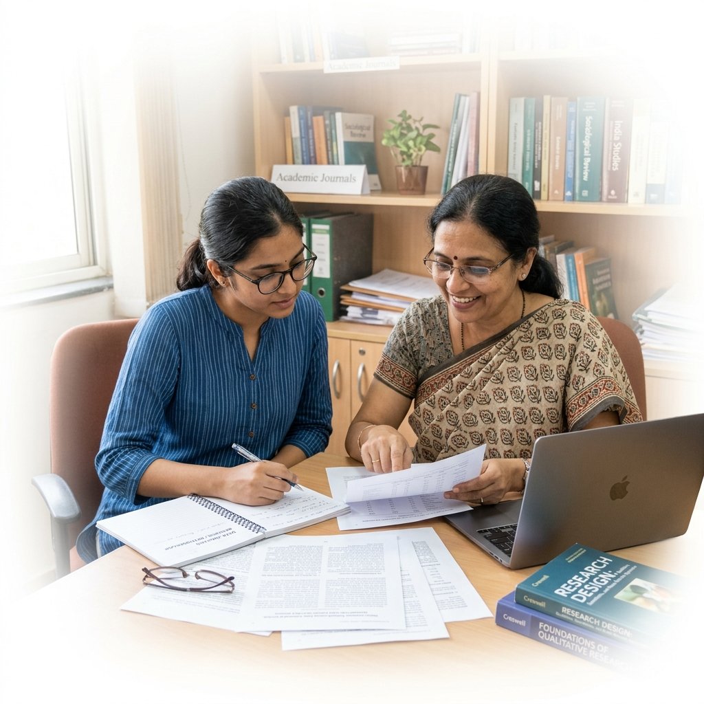 A research mentor and a PhD scholar reviewing research papers together