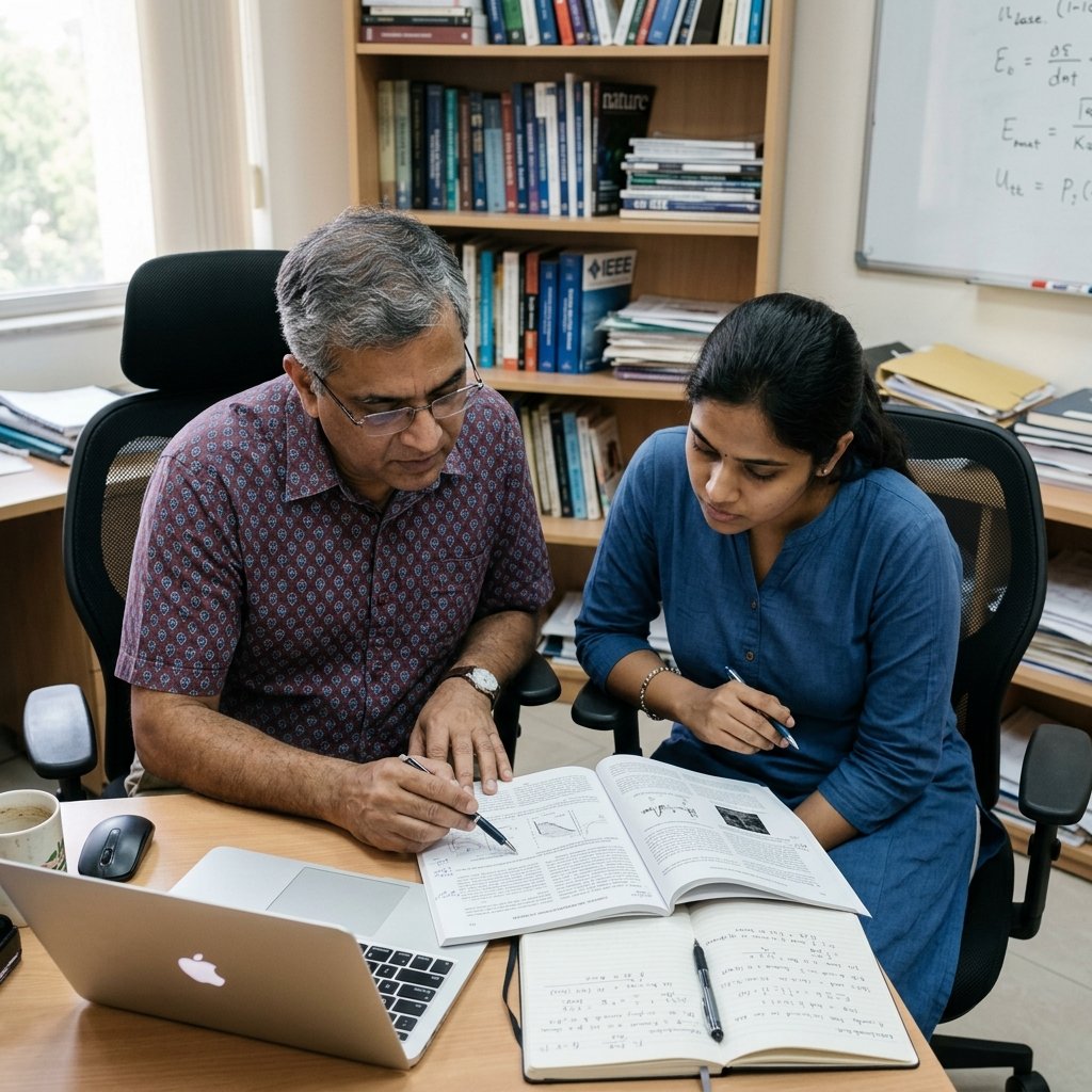An experienced research mentor discussing a research paper with a PhD scholar