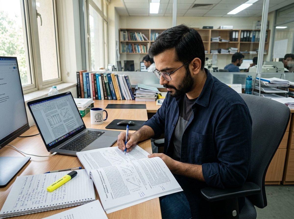 Indian researcher reviewing a completed research manuscript with a laptop and printed paper