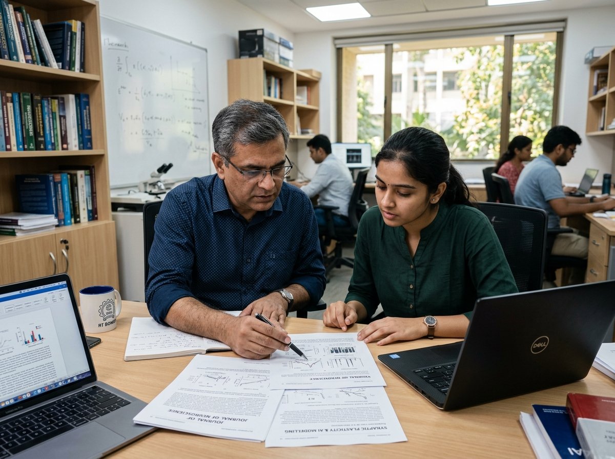Indian faculty mentor and researcher reviewing research documents together at a university workspace