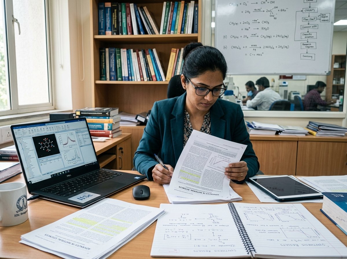 Indian researcher reviewing journal papers and research notes on a laptop